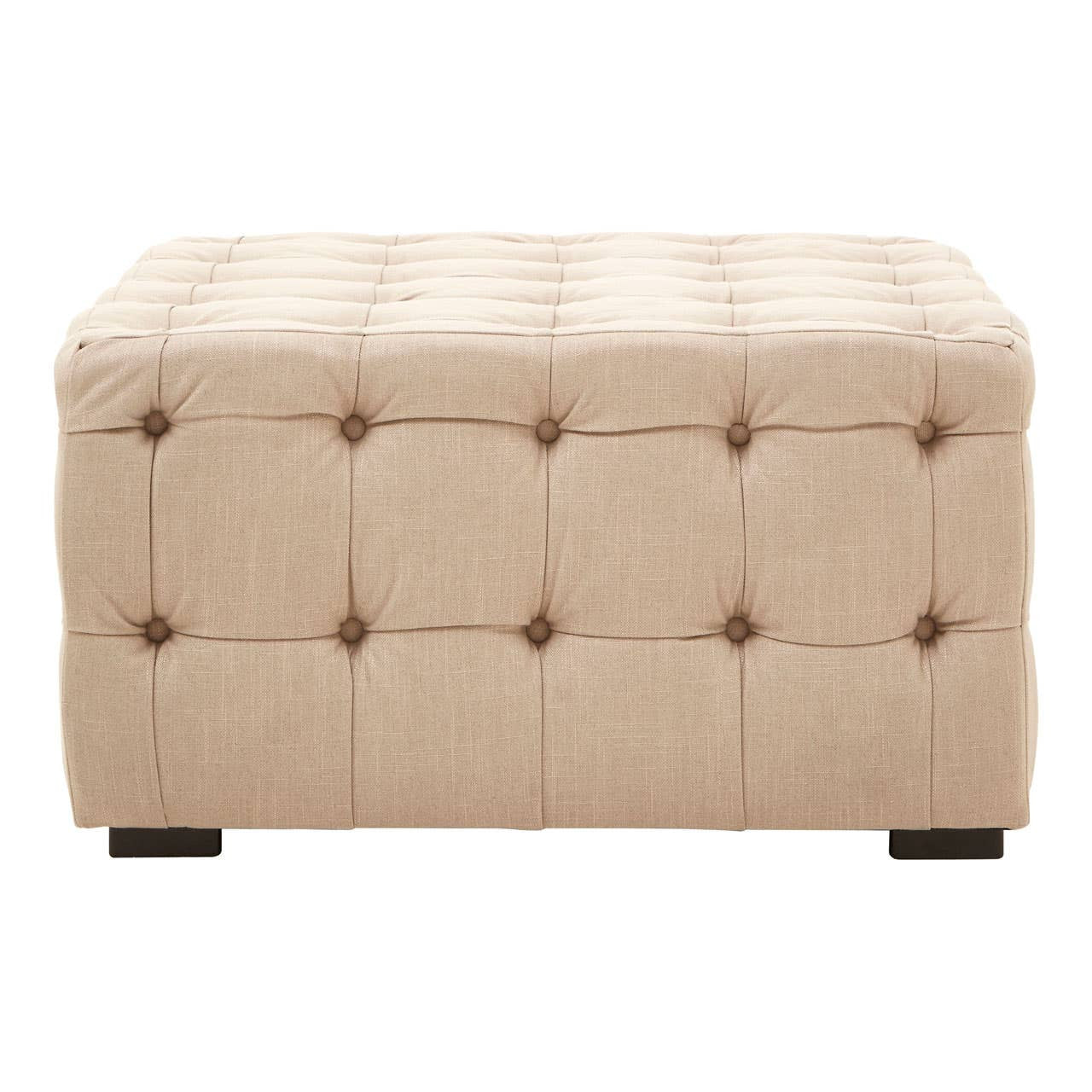 Beige linen stool with button tufting and dark wooden legs, featuring a rectangular shape and a soft, padded top