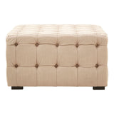 Beige linen stool with button tufting and dark wooden legs, featuring a rectangular shape and a soft, padded top