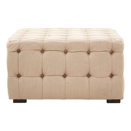 Beige linen stool with button tufting and dark wooden legs, featuring a rectangular shape and a soft, padded top