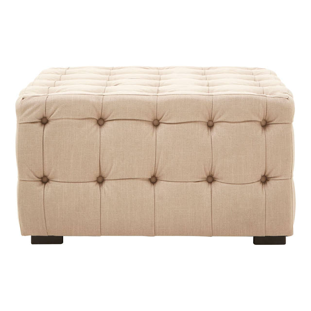 Beige linen stool with button tufting and dark wooden legs, featuring a rectangular shape and a soft, padded top