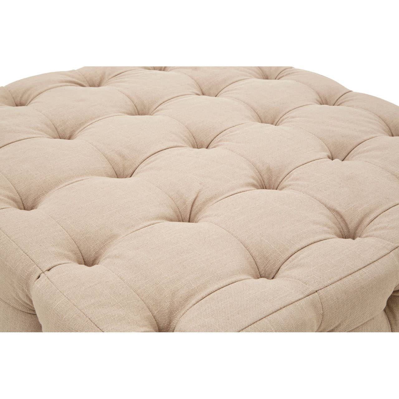 Beige linen stool featuring a button-tufted design with a soft, textured surface and rounded edges, ideal for adding a touch of elegance to home decor