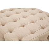 Beige linen stool featuring a button-tufted design with a soft, textured surface and rounded edges, ideal for adding a touch of elegance to home decor