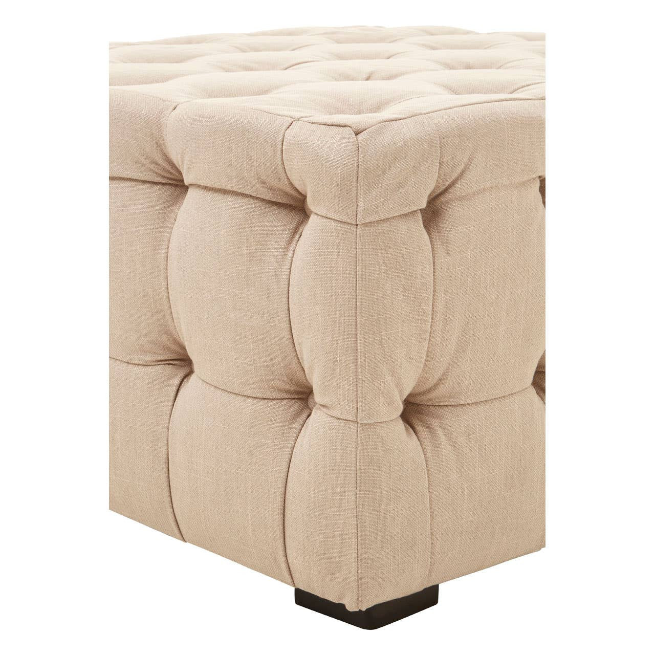 Beige linen stool featuring a button-tufted design with a square top and rounded edges, resting on a small black base