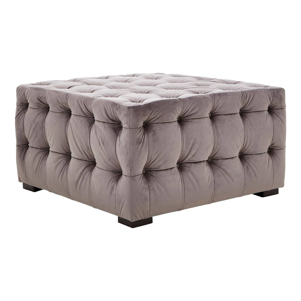 Square stool upholstered in soft grey velvet with button tufting, featuring a plush top and sturdy black legs