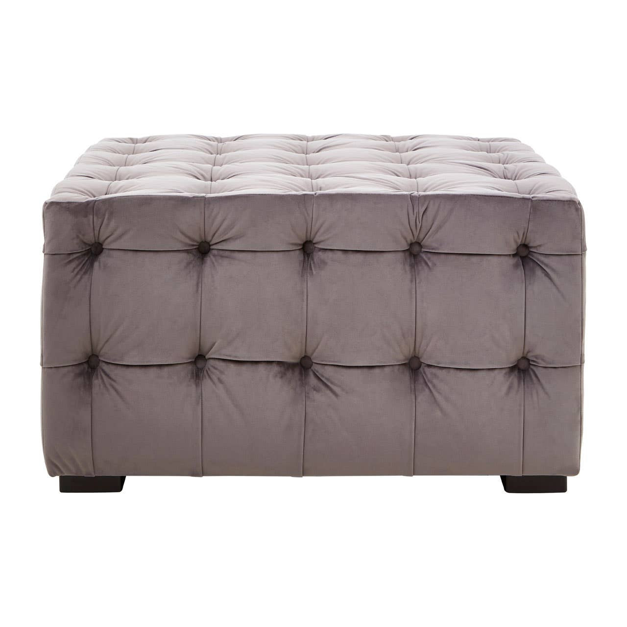 Grey velvet stool featuring a button-tufted design with a rectangular shape and dark wooden legs. The surface is plush and smooth, showcasing a sophisticated and modern aesthetic