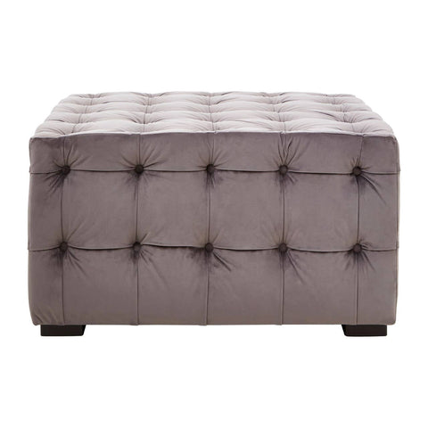 Grey velvet stool featuring a button-tufted design with a rectangular shape and dark wooden legs. The surface is plush and smooth, showcasing a sophisticated and modern aesthetic