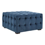 Midnight blue velvet button stool with a tufted design and square shape, featuring a soft, plush surface and dark wooden legs