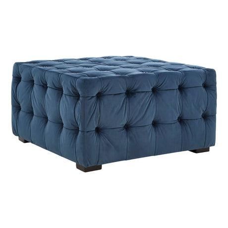 Midnight blue velvet button stool with a tufted design and square shape, featuring a soft, plush surface and dark wooden legs