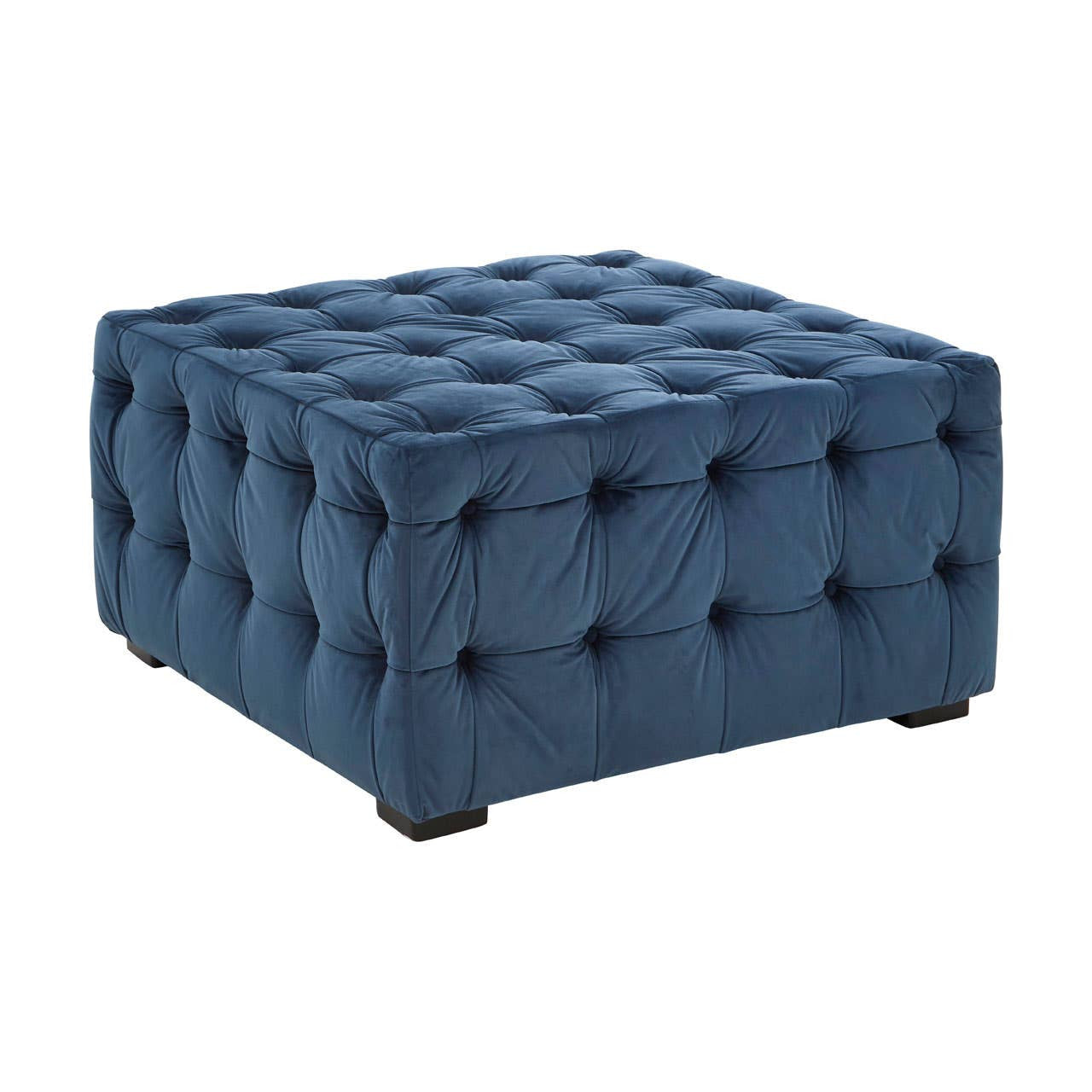 Square stool upholstered in midnight blue velvet, featuring a tufted design with buttons and a sturdy base. The stool has a plush appearance and is suitable for use as extra seating or a footrest