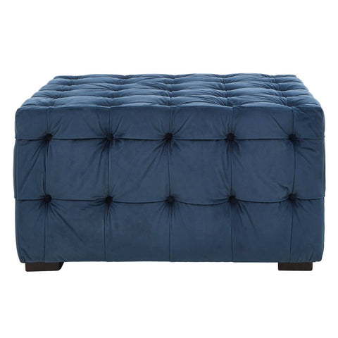 Midnight blue velvet button stool featuring a tufted design with multiple buttons, resting on dark wooden legs. The rectangular shape and plush upholstery add a touch of elegance to home decor