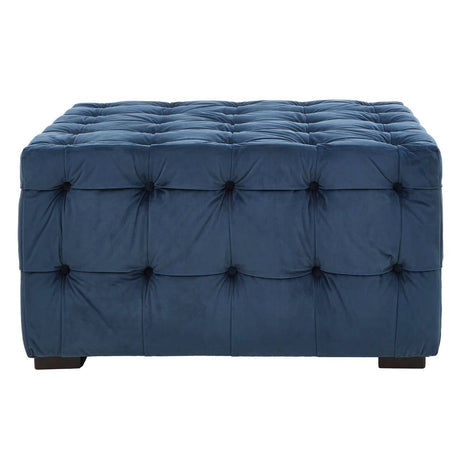 Midnight blue velvet button stool featuring a tufted design with multiple buttons, resting on dark wooden legs. The rectangular shape and plush upholstery add a touch of elegance to home decor