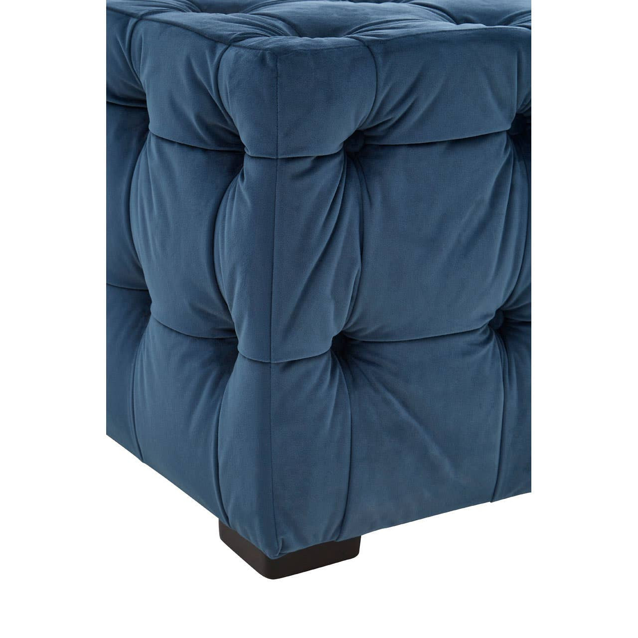Midnight blue velvet button stool with a tufted design and a square shape, featuring a sturdy base and visible stitching details