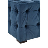 Midnight blue velvet button stool with a tufted design and a square shape, featuring a sturdy base and visible stitching details
