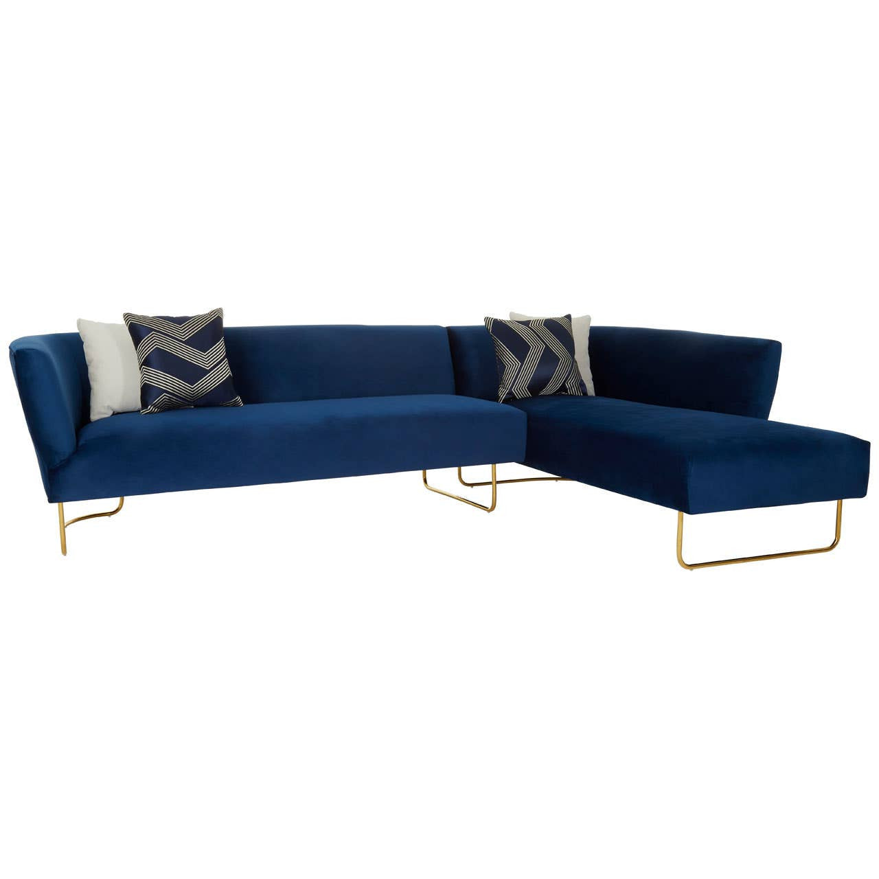Dark blue velvet corner sofa with five seating areas, featuring a sleek design and gold metal legs. Two decorative pillows with abstract patterns are placed on the backrest. The sofa has a modern, minimalist aesthetic suitable for contemporary living spaces