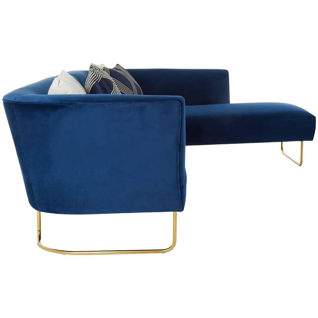 Dark blue velvet corner sofa with a sleek design, featuring a gold metal base and a plush seat. The sofa has a modern silhouette with a wide armrest and is adorned with decorative pillows, showcasing a luxurious and inviting appearance