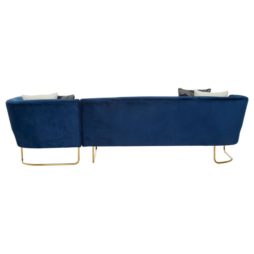 Dark blue velvet corner sofa with five seats, featuring a sleek design and gold metal legs. The sofa has a modern aesthetic with clean lines and plush cushions, suitable for contemporary living spaces