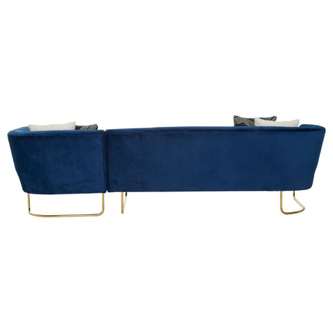 Dark blue velvet corner sofa with five seats, featuring a sleek design and gold metal legs. The sofa has a modern aesthetic with clean lines and plush cushions, suitable for contemporary living spaces