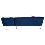Dark blue velvet corner sofa with five seats, featuring a sleek design and gold metal legs. The sofa has a modern aesthetic with clean lines and plush cushions, suitable for contemporary living spaces