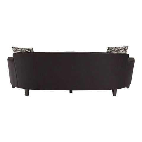 Black dimity fabric sofa with three seats, featuring a sleek, modern design and tapered wooden legs. The back view shows a smooth, curved silhouette and two decorative cushions on either side