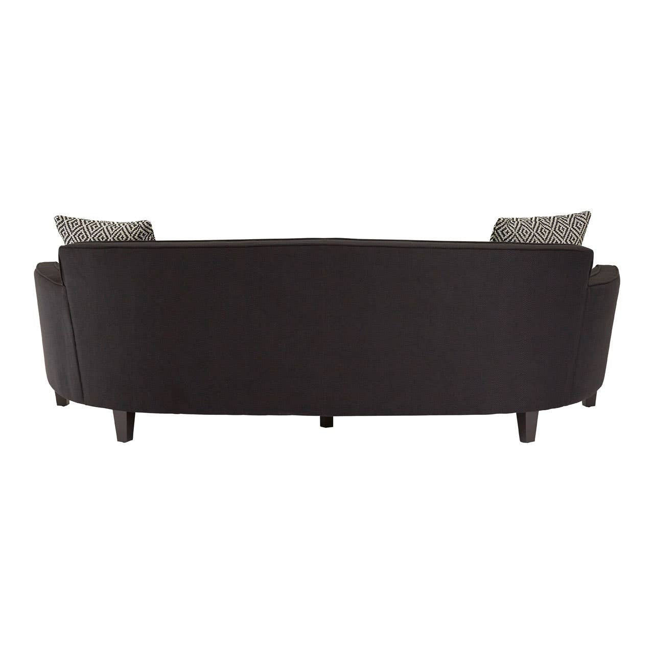 Black dimity fabric sofa with three seats, featuring a sleek, modern design and tapered wooden legs. The back view shows a smooth, curved silhouette and two decorative cushions on either side