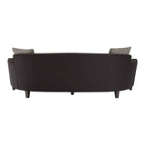 Black dimity fabric sofa with three seats, featuring a sleek, modern design and tapered wooden legs. The back view shows a smooth, curved silhouette and two decorative cushions on either side