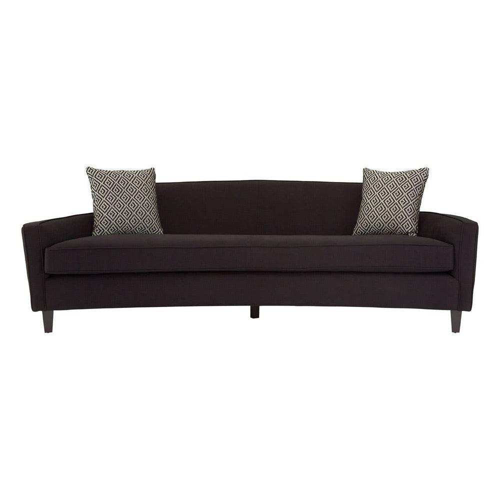 Three-seat sofa upholstered in black dimity fabric, featuring a sleek, curved backrest and two decorative cushions in a complementary color. The sofa stands on four tapered wooden legs, showcasing a modern design suitable for various living spaces