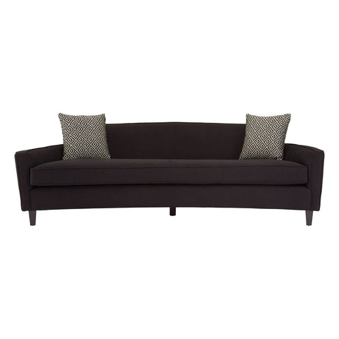 Three-seat sofa upholstered in black dimity fabric, featuring a sleek, curved backrest and two decorative cushions in a complementary color. The sofa stands on four tapered wooden legs, showcasing a modern design suitable for various living spaces