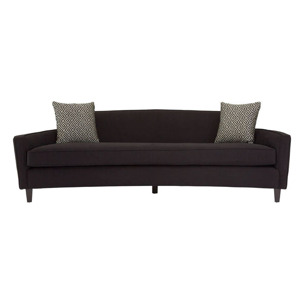 Three-seat sofa upholstered in black dimity fabric, featuring a sleek, curved backrest and two decorative cushions in a complementary color. The sofa stands on four tapered wooden legs, showcasing a modern design suitable for various living spaces