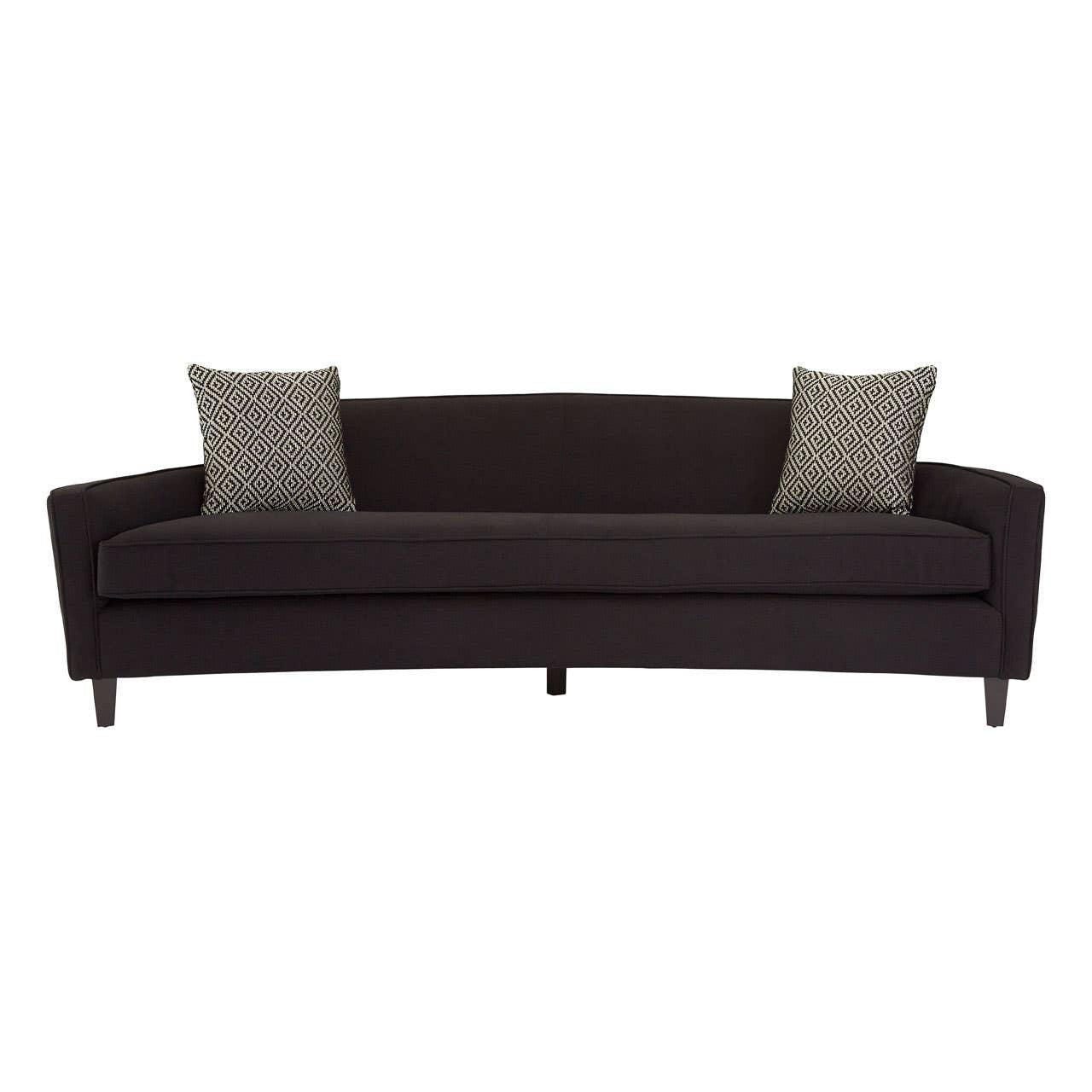 Three-seat sofa upholstered in black dimity fabric, featuring a sleek, curved backrest and two decorative cushions in a complementary color. The sofa stands on four tapered wooden legs, showcasing a modern design suitable for various living spaces