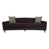 Three-seat sofa upholstered in black dimity fabric, featuring a sleek, curved backrest and two decorative cushions in a complementary color. The sofa stands on four tapered wooden legs, showcasing a modern design suitable for various living spaces