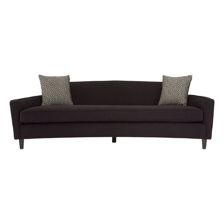 Three-seat sofa upholstered in black dimity fabric, featuring a sleek, curved backrest and two decorative cushions in a complementary color. The sofa stands on four tapered wooden legs, showcasing a modern design suitable for various living spaces