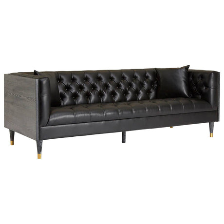 Three-seat sofa upholstered in black faux leather, featuring a tufted backrest and sleek armrests. The sofa is supported by slender legs with gold accents, adding a touch of elegance to its modern design