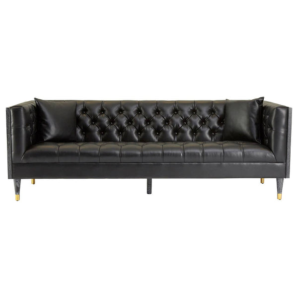 A three-seat sofa upholstered in black faux leather, featuring a tufted backrest and sleek, gold-colored legs. The design includes armrests with a modern, angular shape, creating a stylish and contemporary look suitable for various living spaces