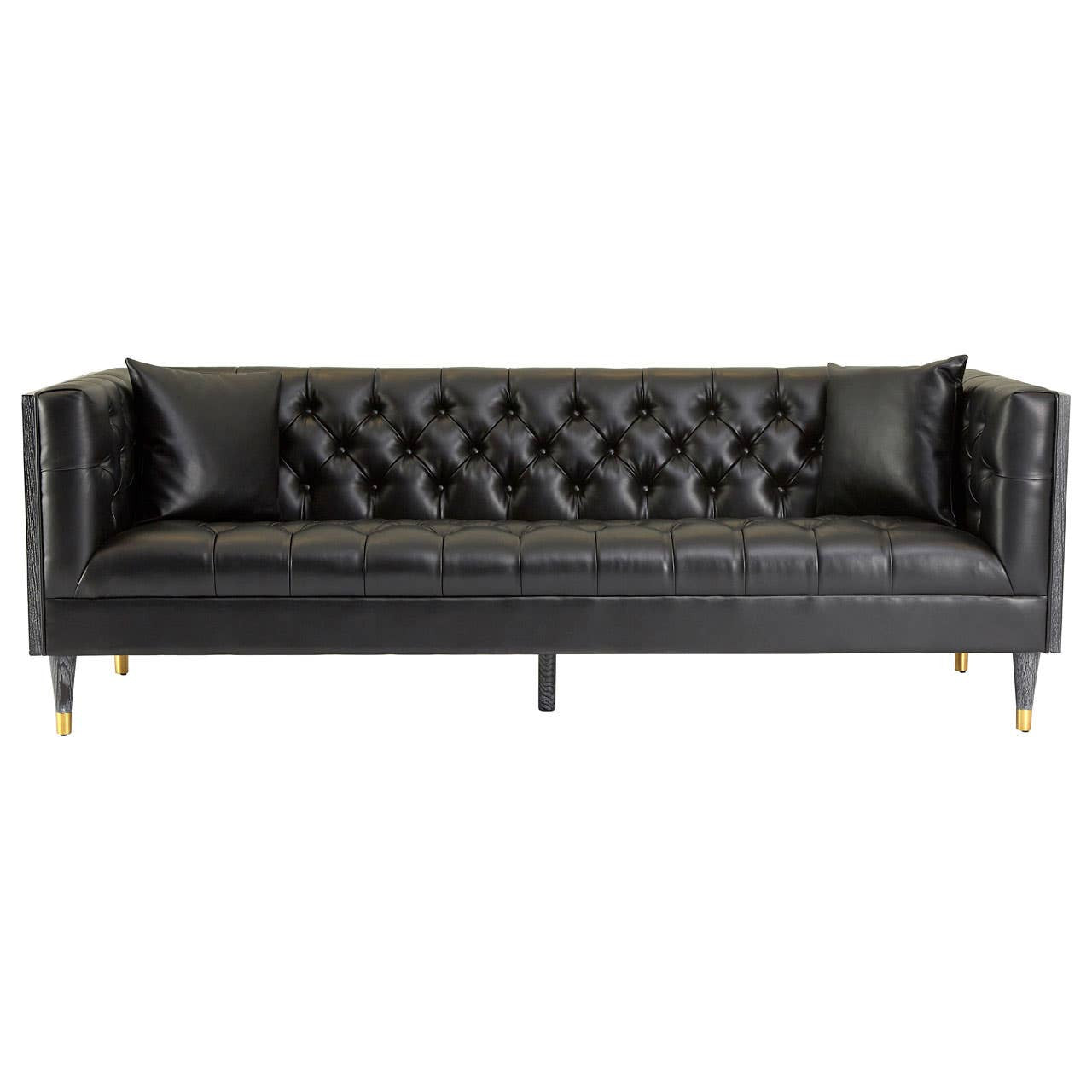 A three-seat sofa upholstered in black faux leather, featuring a tufted backrest and sleek, gold-colored legs. The design includes armrests with a modern, angular shape, creating a stylish and contemporary look suitable for various living spaces