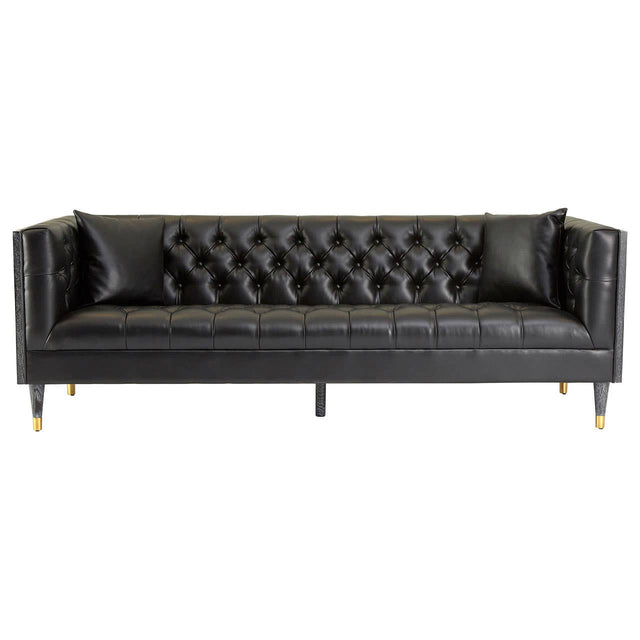 A three-seat sofa upholstered in black faux leather, featuring a tufted backrest and sleek, gold-colored legs. The design includes armrests with a modern, angular shape, creating a stylish and contemporary look suitable for various living spaces