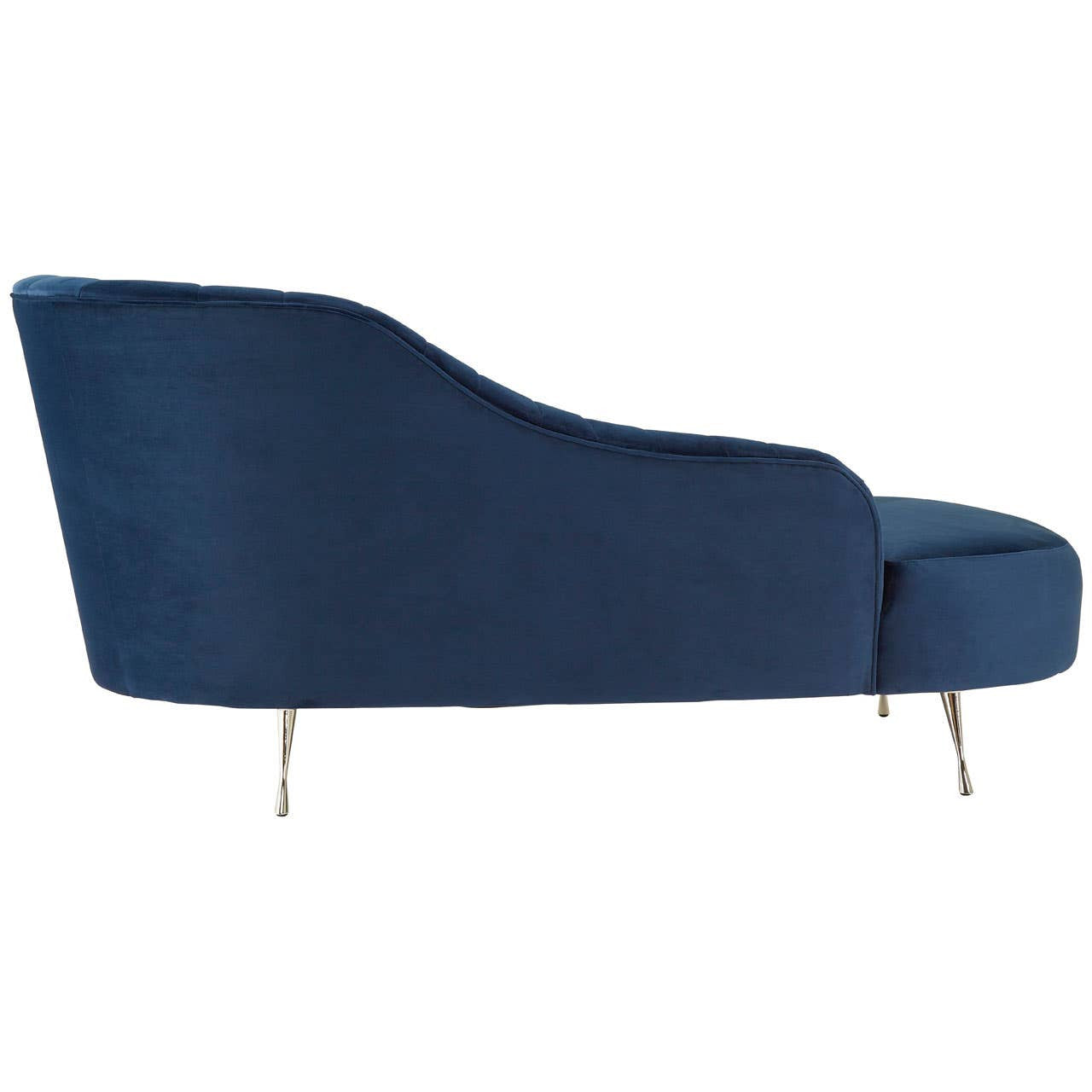 A dark blue velvet chaise longue with a sleek, modern design, featuring a curved back and a plush seat. The chaise is supported by slender, gold metal legs, adding a touch of elegance to the overall look