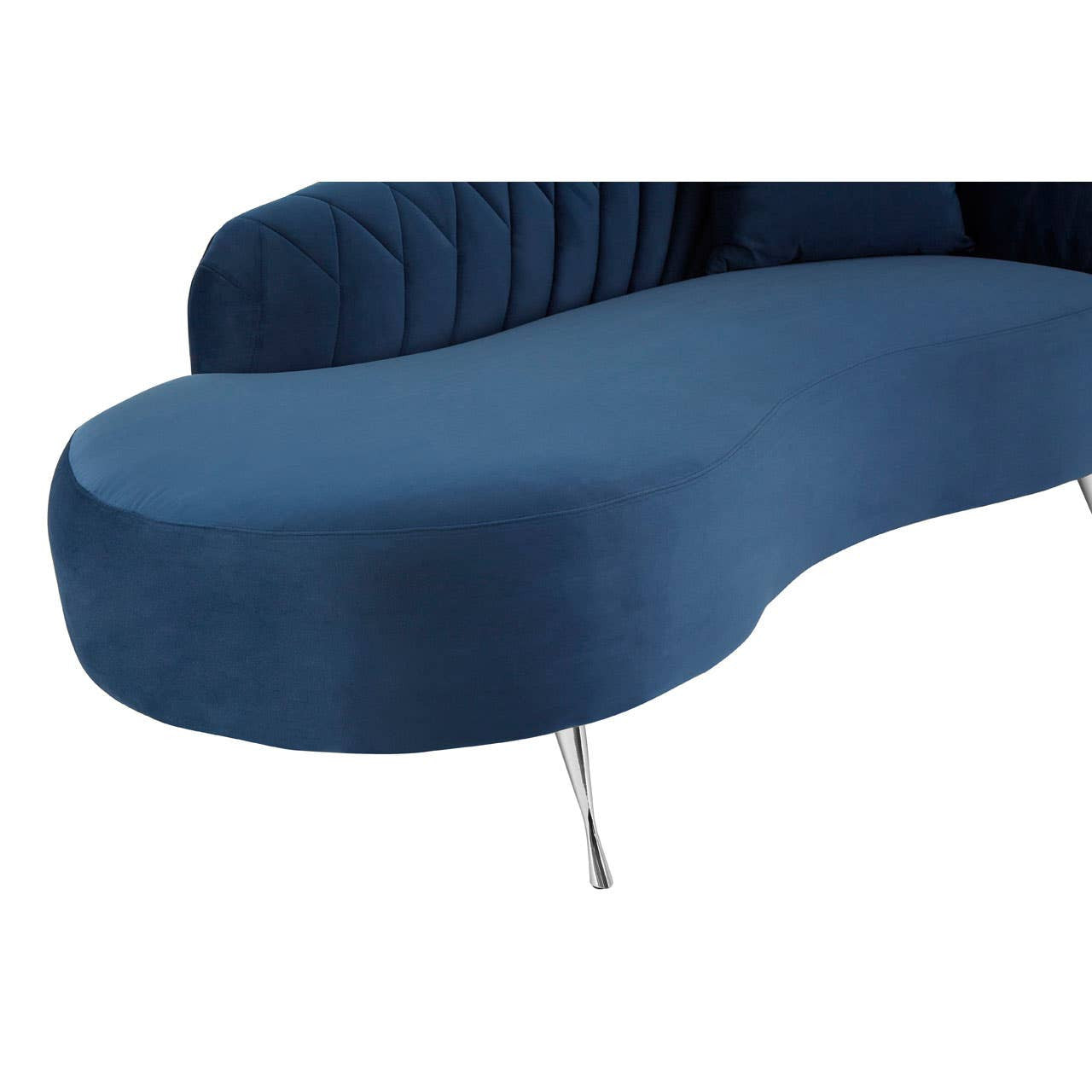Dark blue velvet chaise longue with a curved design and sleek metal legs, featuring a plush, textured surface and a right-hand orientation