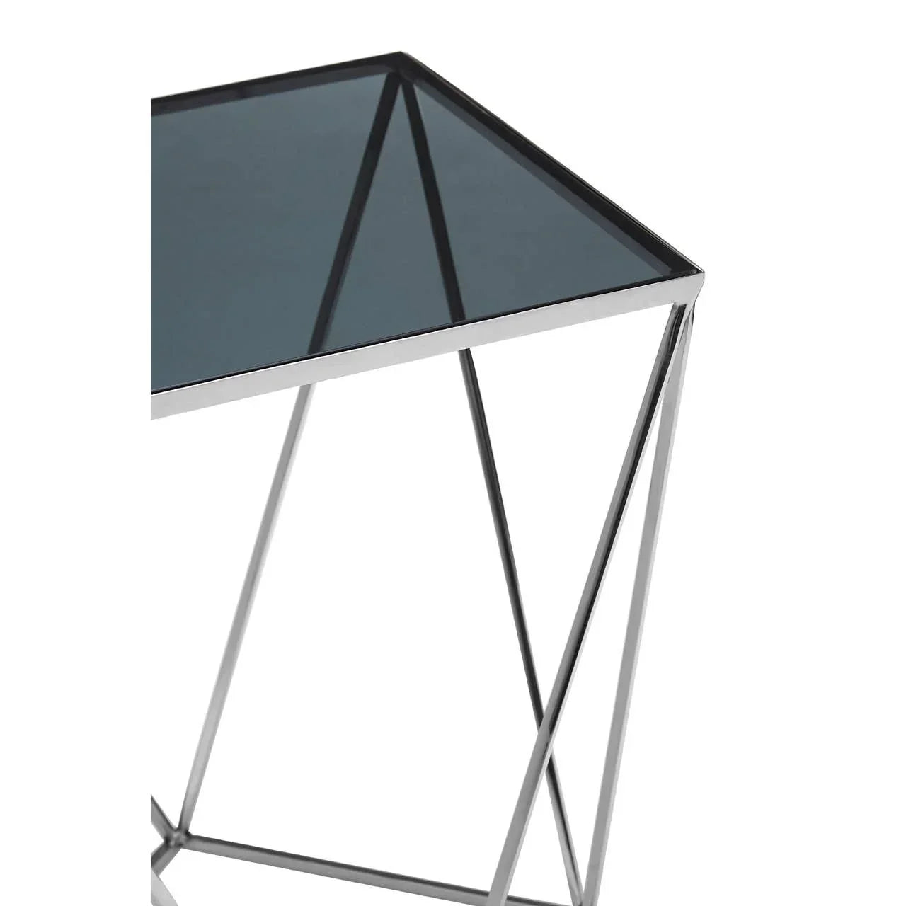 Modern side table with black glass top and chrome geometric metal frame