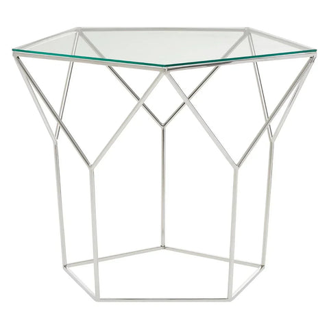 Modern glass side table with geometric chrome metal frame and hexagonal top