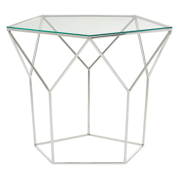 Modern glass side table with geometric chrome metal frame and hexagonal top