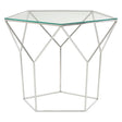 Modern glass side table with geometric chrome metal frame and hexagonal top