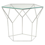 Modern glass side table with geometric chrome metal frame and hexagonal top