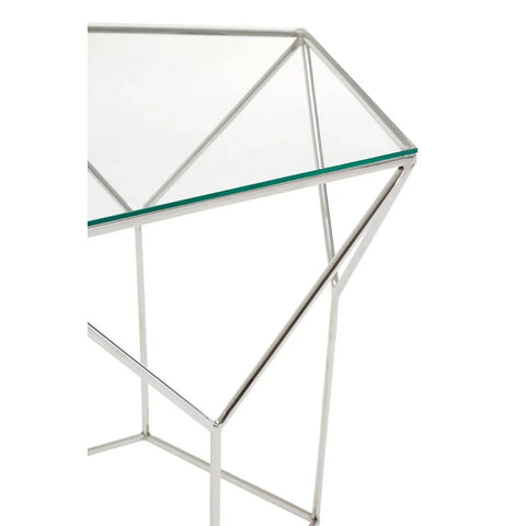 Glass side table with geometric chrome metal frame, close-up of top corner and legs