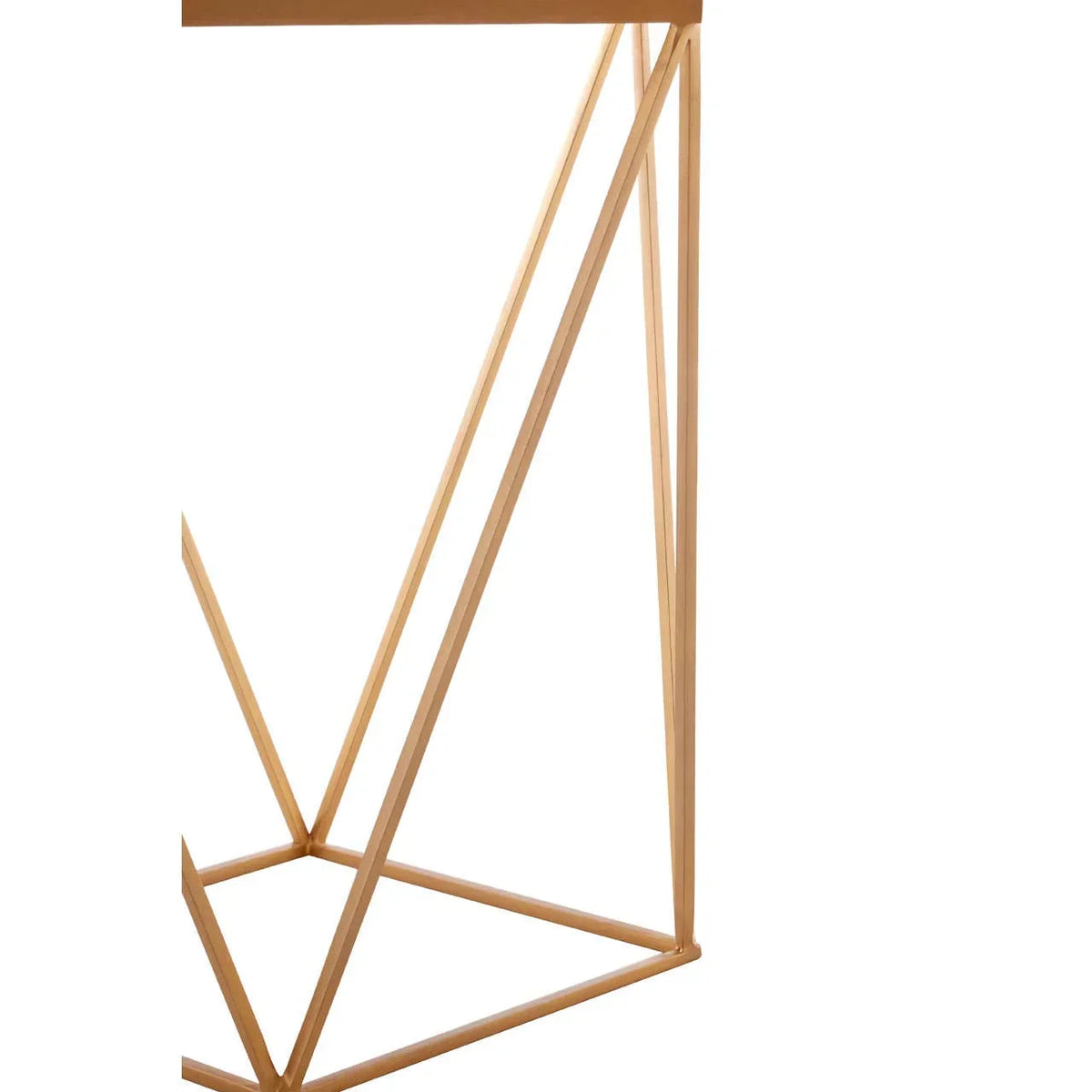 Geometric gold metal table base with intersecting lines and square frame detail