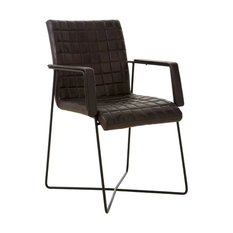 Brown leather dining chair with grid-stitched seat and slim black metal frame