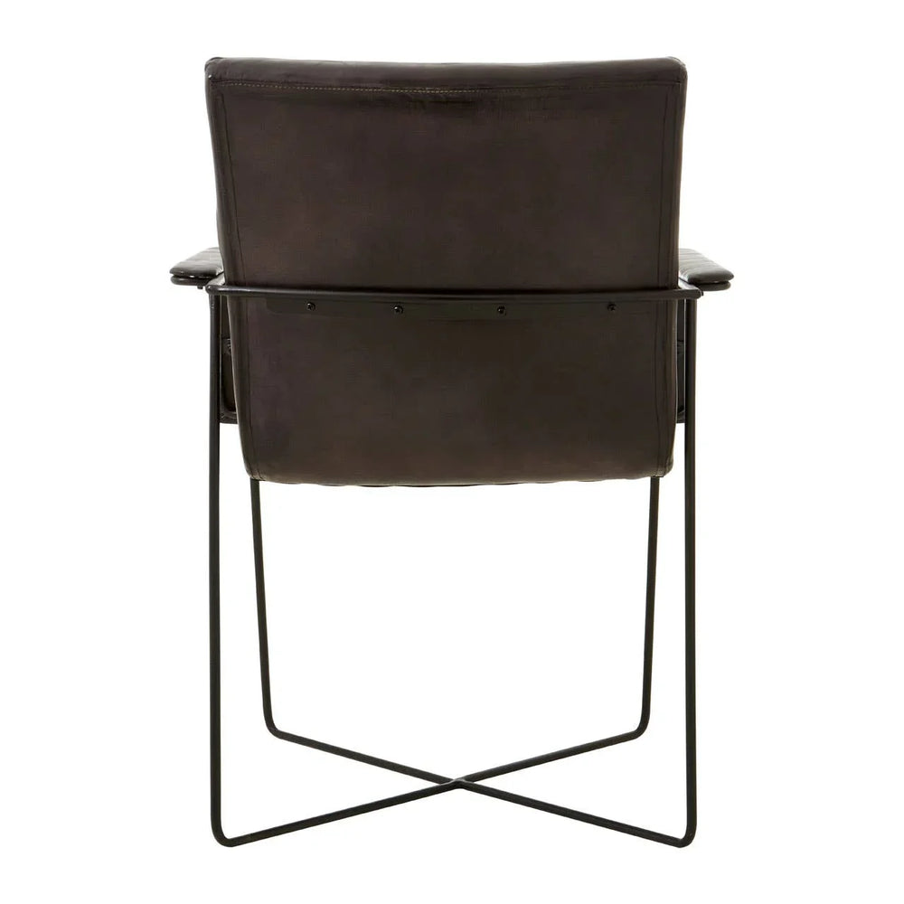 Back view of black leather dining chair with slim metal frame and armrests