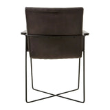 Back view of black leather dining chair with slim metal frame and armrests