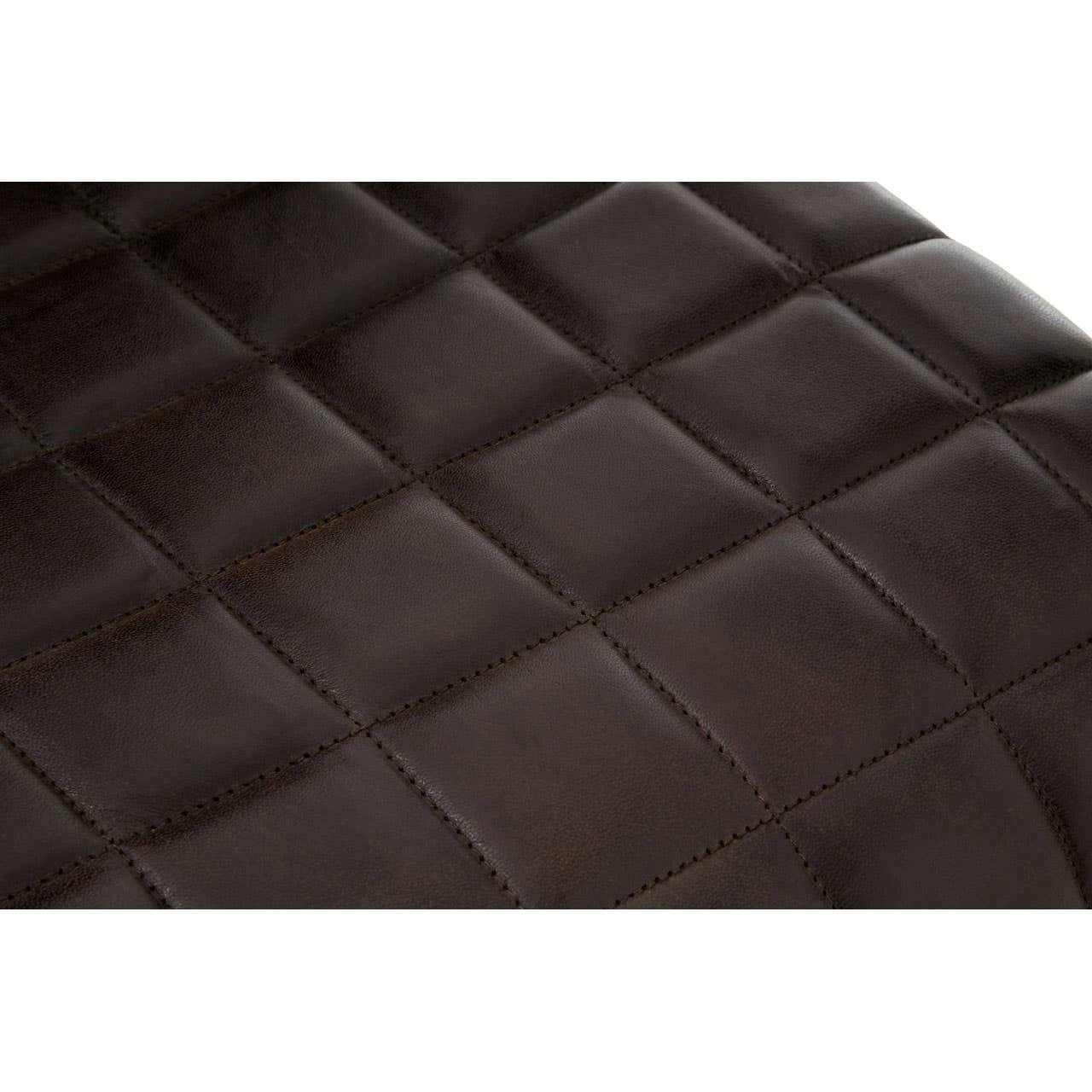 Brown faux leather dining chair seat with square stitched detail closeup