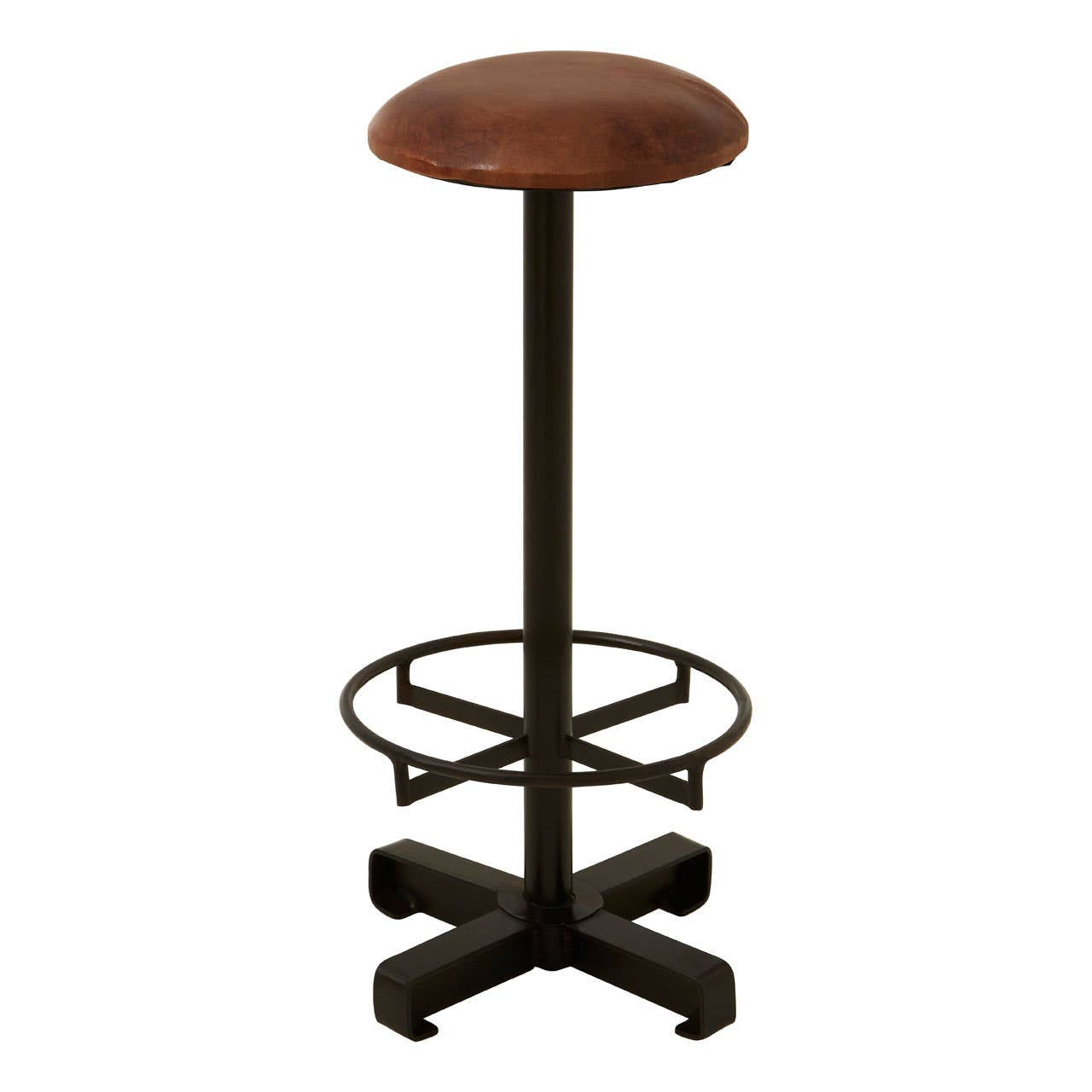 Buffalo brown leather round seat bar stool with a sleek, circular top and a sturdy black metal base featuring a footrest and a cross-shaped support