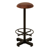 Buffalo brown leather round seat bar stool with a sleek, circular top and a sturdy black metal base featuring a footrest and a cross-shaped support